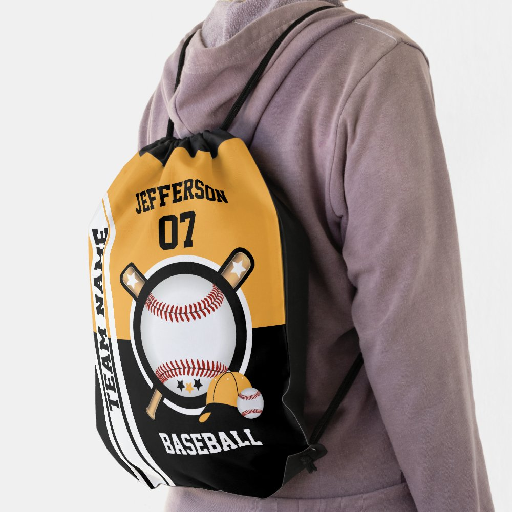 Customized Name Number Baseball Sport In Black And Gold Drawstring Bag